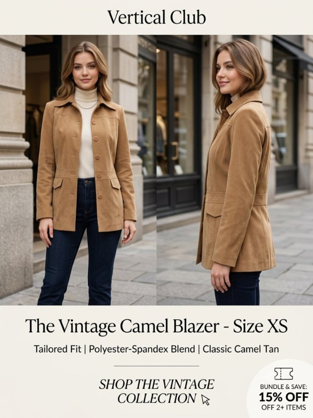 Vintage Vertical Club Camel Tan Blazer Jacket - Women's Size XS